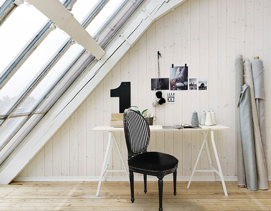 Louis XVI style chair striped black and white and black lacquered wood Royal Art Palace in an artist's studio under the attic